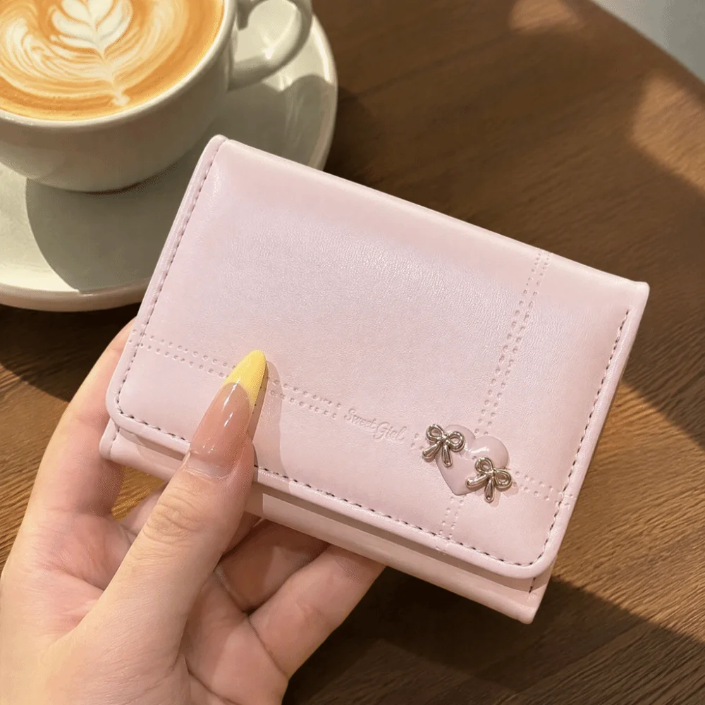 Sweet Large Capacity Love Bow Wallet Multi-card Slot PU Leather Tri-fold Short Wallet Compact Foldable Card Holder Student