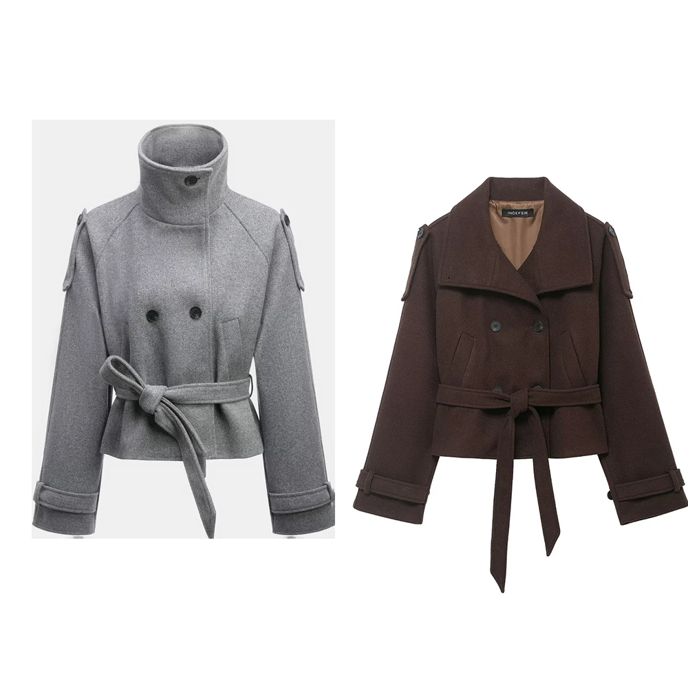 Winter new women's casual style stand up collar long sleeved double row buckle decoration bow tie short jacket top