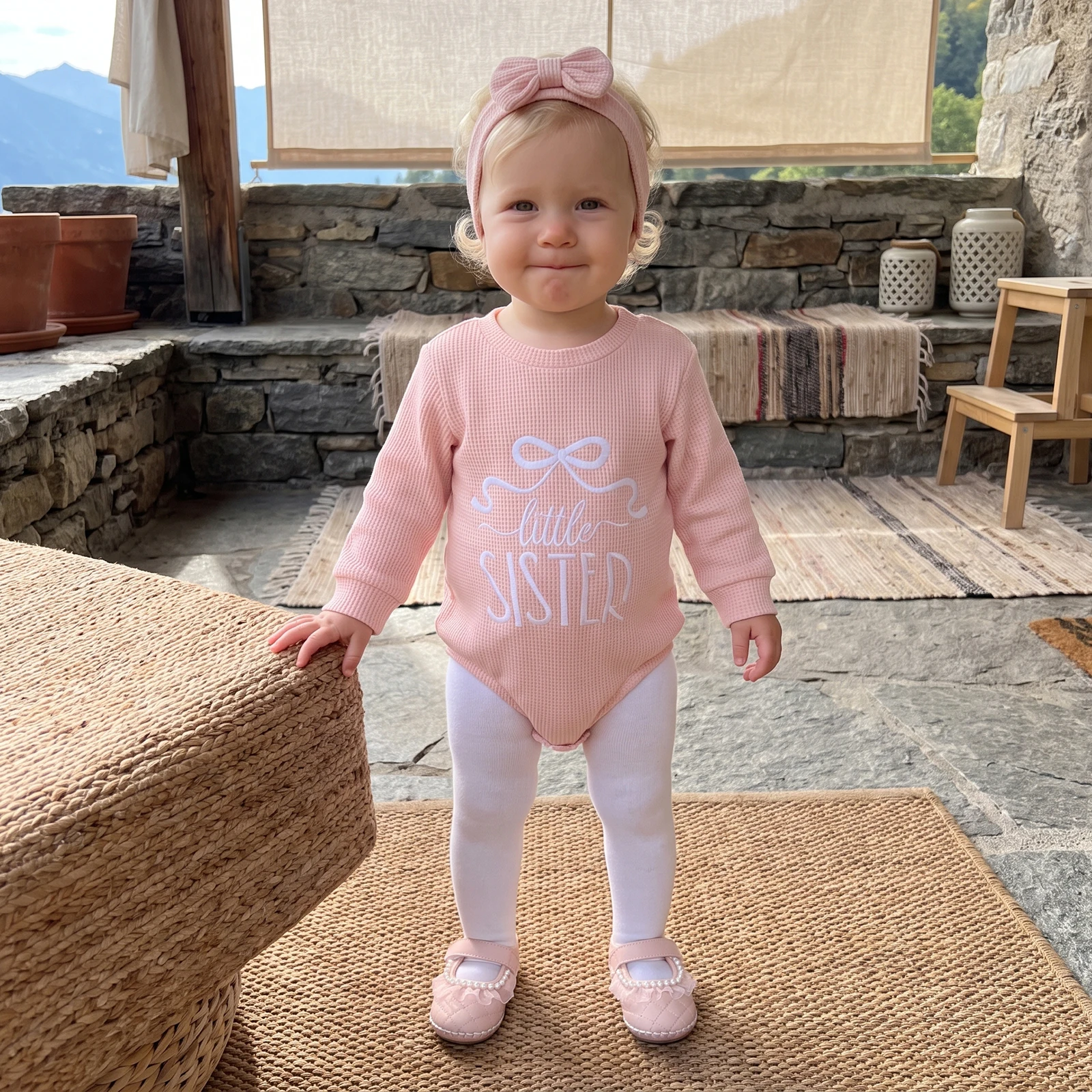 Baby Girls Waffle Sweatshirt Romper Letter Embroidery Bodysuit Headband
