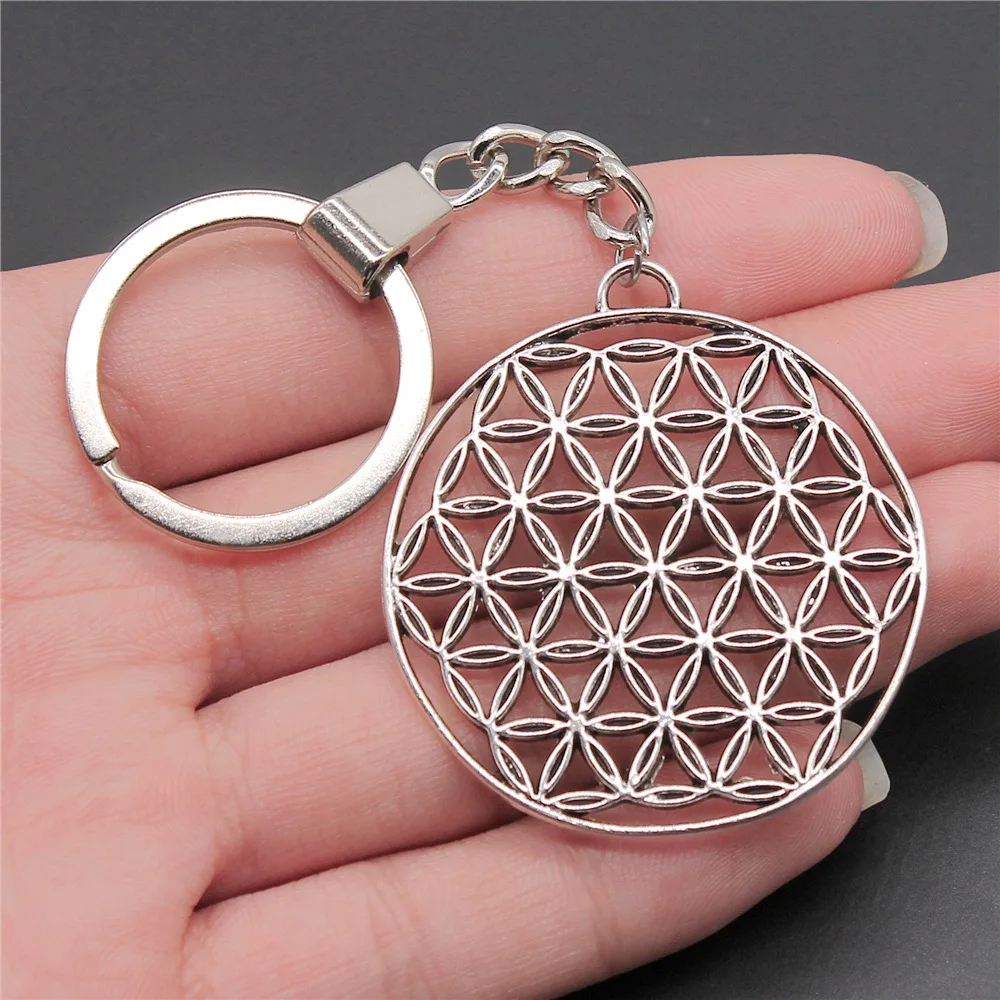 

Woemn Men Keychain Dropshipping Antique Silver Color 48x44mm The Flower Of Life The Seed Of Life Pendant Keyring Gift