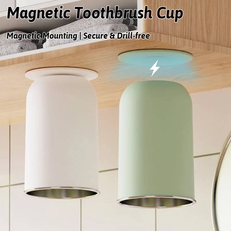 

Magnetic Toothbrush Cup Drill-Free Mount Sleek Minimalist Design Dual Function Rinsing/Drinking Drainage Dustproof Anti-Scale