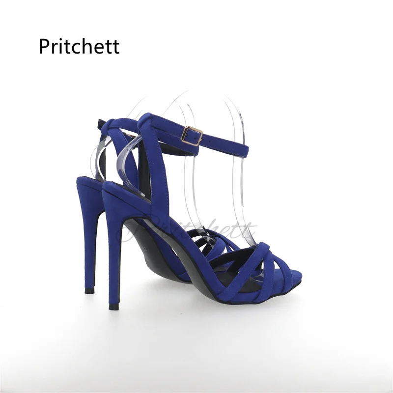 Blue Suede High Heels Sandals for Women Buckle Cross Strap Stiletto Shoes Summer Fashion Open Toe Party Office Lady Shoes