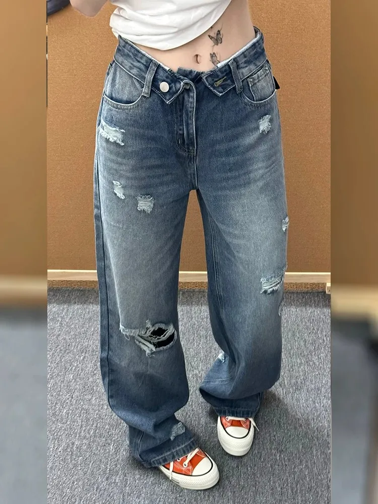 High Waist Distressed Denim Jeans Women's Fall High Street Style Trendy Girls Design Sense Cuffed Ankle-Length Pants