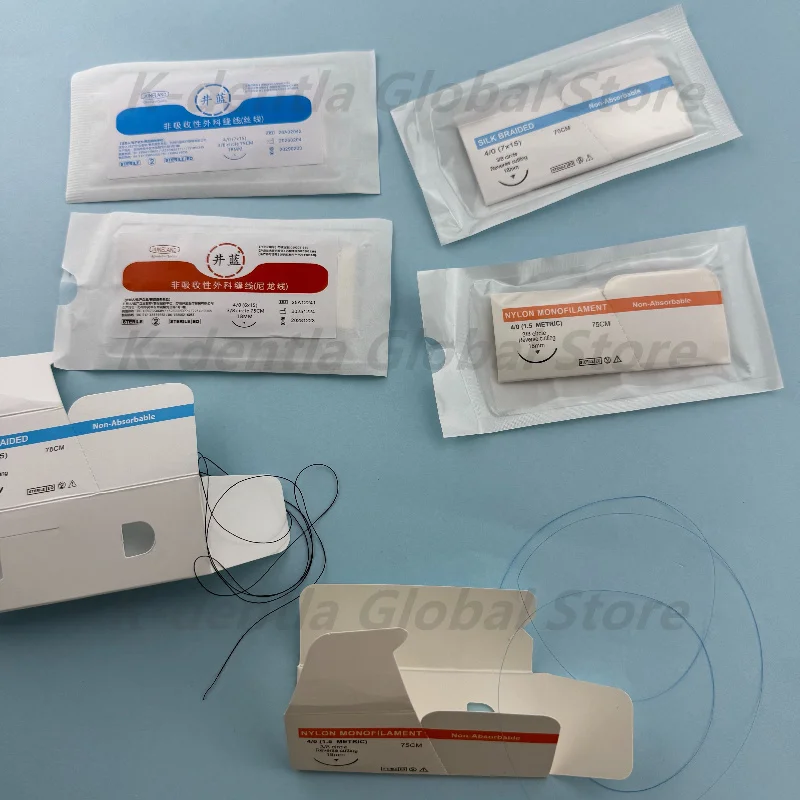 4×10Pcs/Box Non-Absorbable Dental Practice Suture Thread with Needle 75CM 3/0 4/0 5/0 Nylon Silk Teaching Exercises Tools