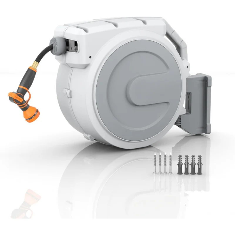 

Retractable Garden Hose Reel 5/8 x 90ft, Heavy Duty with 9-Pattern Nozzle, Any Length Lock & 180° Swivel, Wall Mounted
