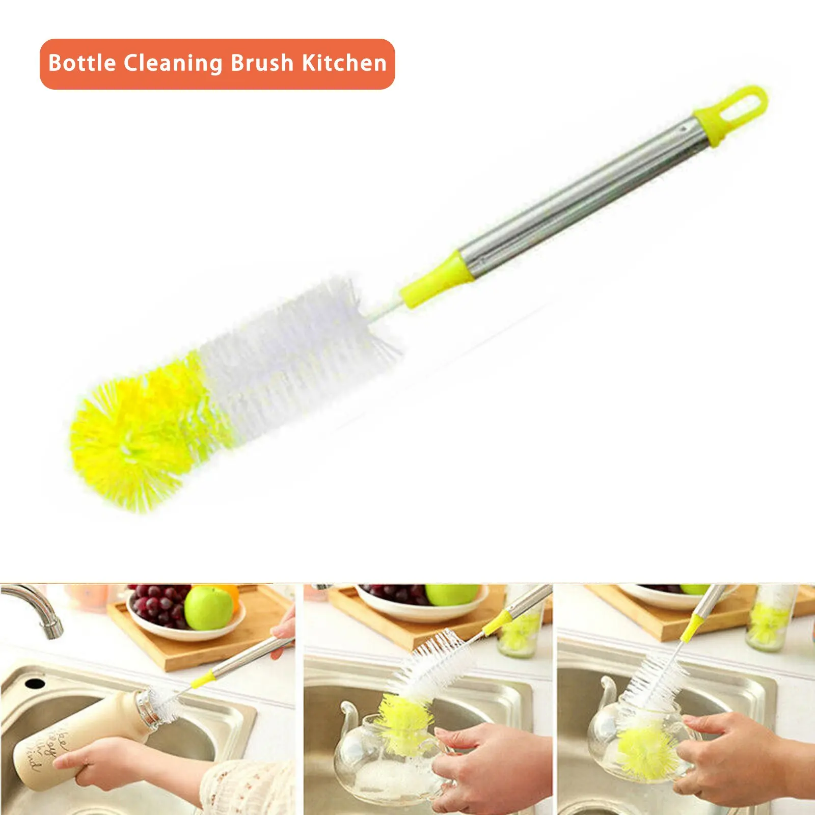 Curved Round Head Stainless Steel Handle Bottle Cleaning Brush 360 Degree Cleaning Cup Brush