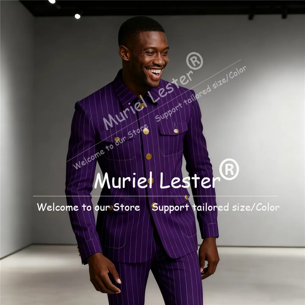 الذكور الأزياء مقلمة الرجال دعوى واحدة الصدر الوقوف طوق الحلل تخصيص 2 قطعة سترة السراويل المشارب trajes الفقرة hombre