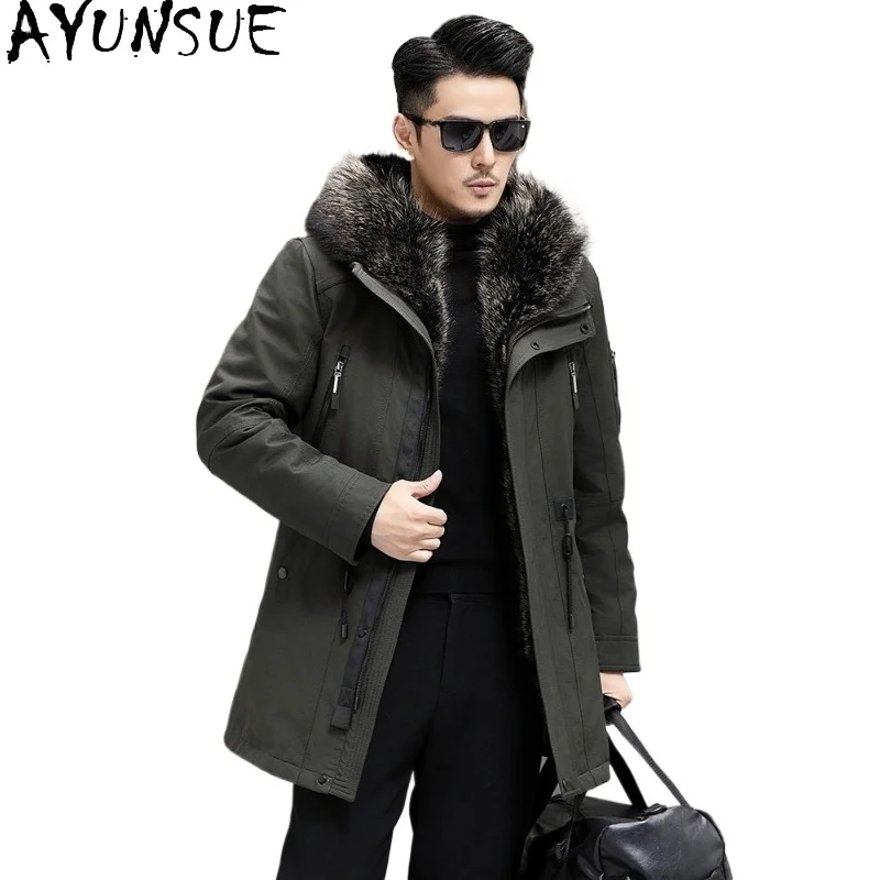 

Мужская зимняя парка AYUNSUE из натурального меха высокого качества с отстегивающейся подкладкой из меха кролика и воротником из енота
