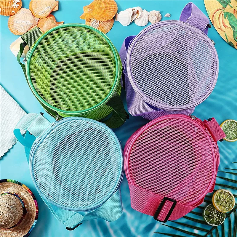 Ronde Mesh Tas Voor Kinderen Badspeelgoed Organisator Schouderriem Netto Rits Shell Opvangzak Baby Strandvakantie Opbergemmer