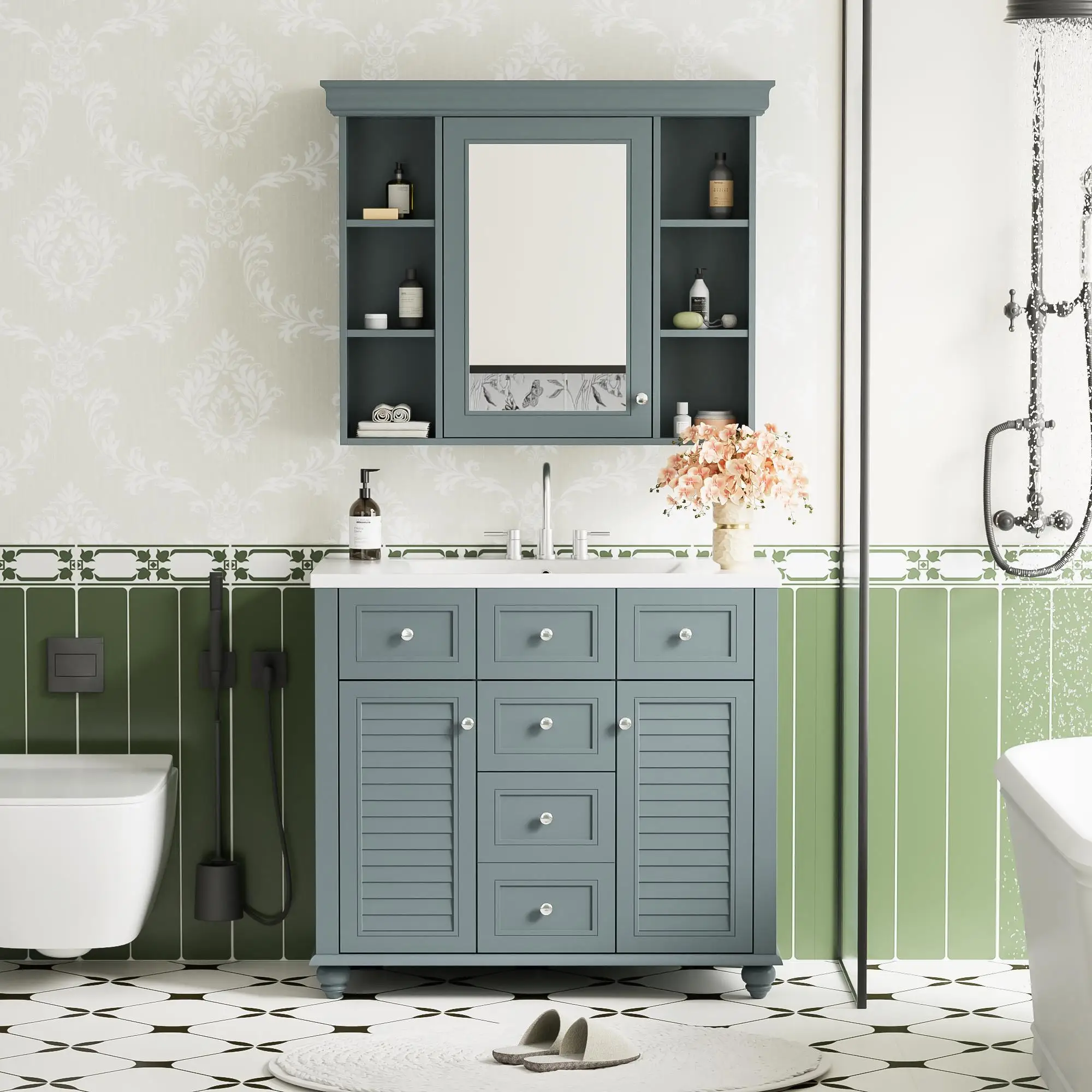 36'' Modern Bathroom Vanity with Medicine Cabinet, Adjustable Shelves, Soft-Close Doors & 6 Drawers for Organized Storage