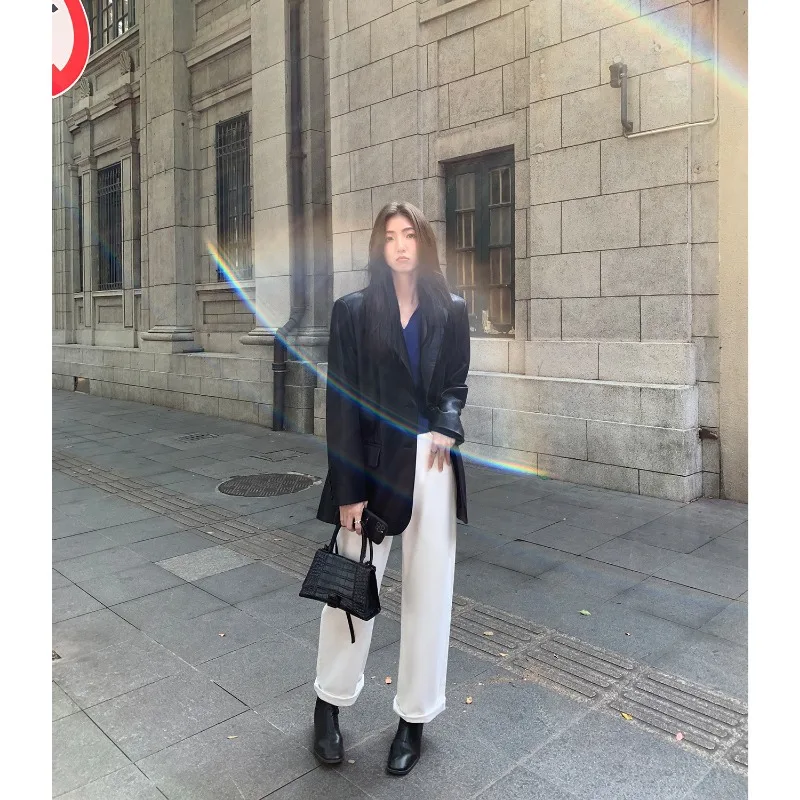 Otoño negro marrón suave Pu chaqueta de cuero mujeres hombreras manga larga solo pecho suelto Casual moda coreana