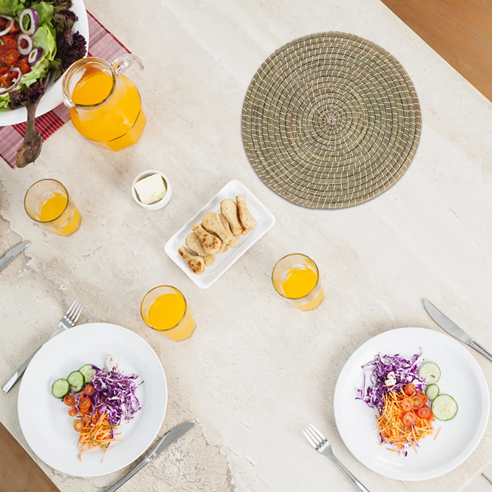 

3Pcs Woven Placemat Set Japanese Style Natural Bulrush Handwoven Heat Resistant Dining Table Ornament Household Tableware