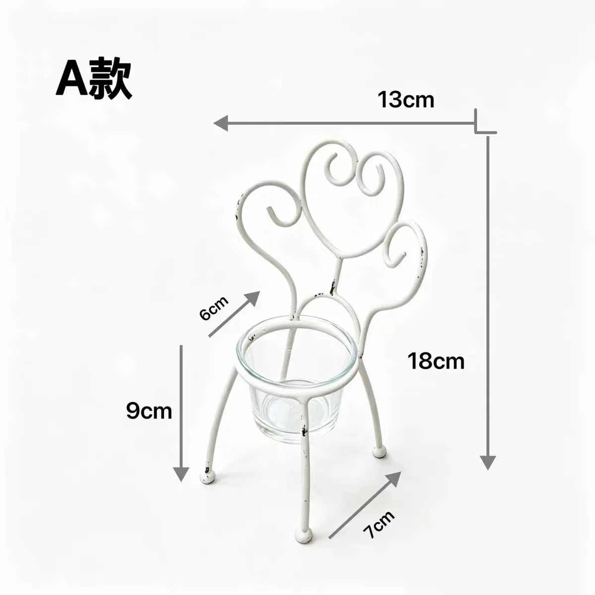 Decorative Metal Tealight Candle Holder Chair, White Distressed Finish, Heart Design Backrest with Glass Cup, Set of 3 Styles