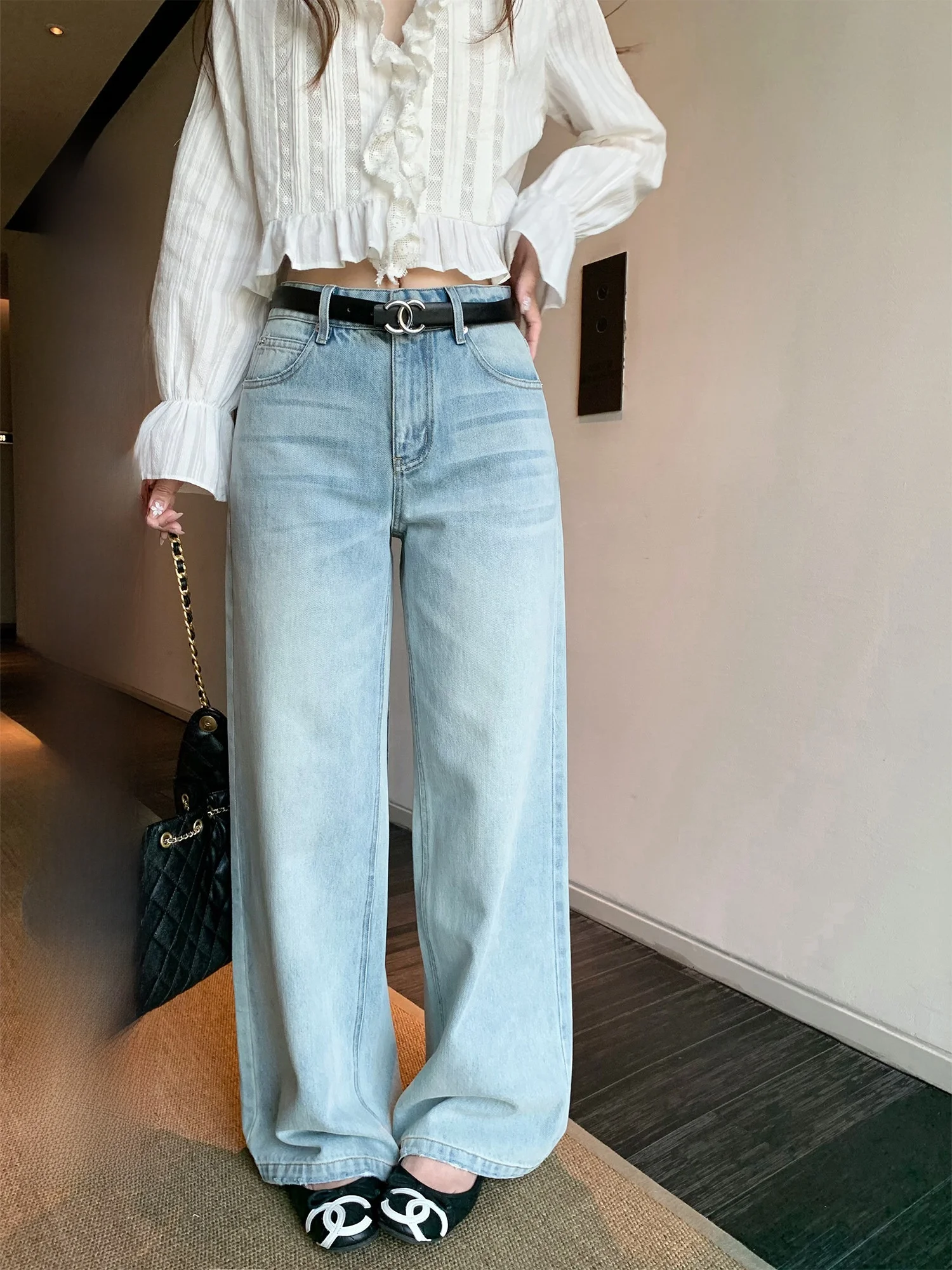 

Hhyii Vintage Washed Straight Leg Jeans Women's Loose Fit mid Waist Wide Leg Casual Pants Retro Style Light Fog Effect