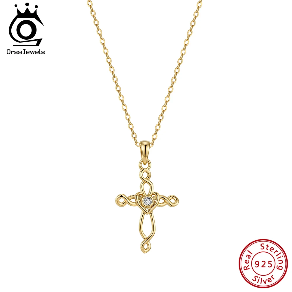 

ORSA JEWELS 925 Silver Love Cross Necklace Simple Zircon Cross Pendant Diamond Link Chain Collar Jewelry Religious Gift SAPN68