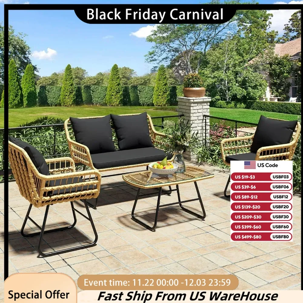 4-Piece Patio Furniture Wicker, Rattan Conversation Loveseat Chairs with Soft Cushions and Metal Table, Outdoor Bistro Set,