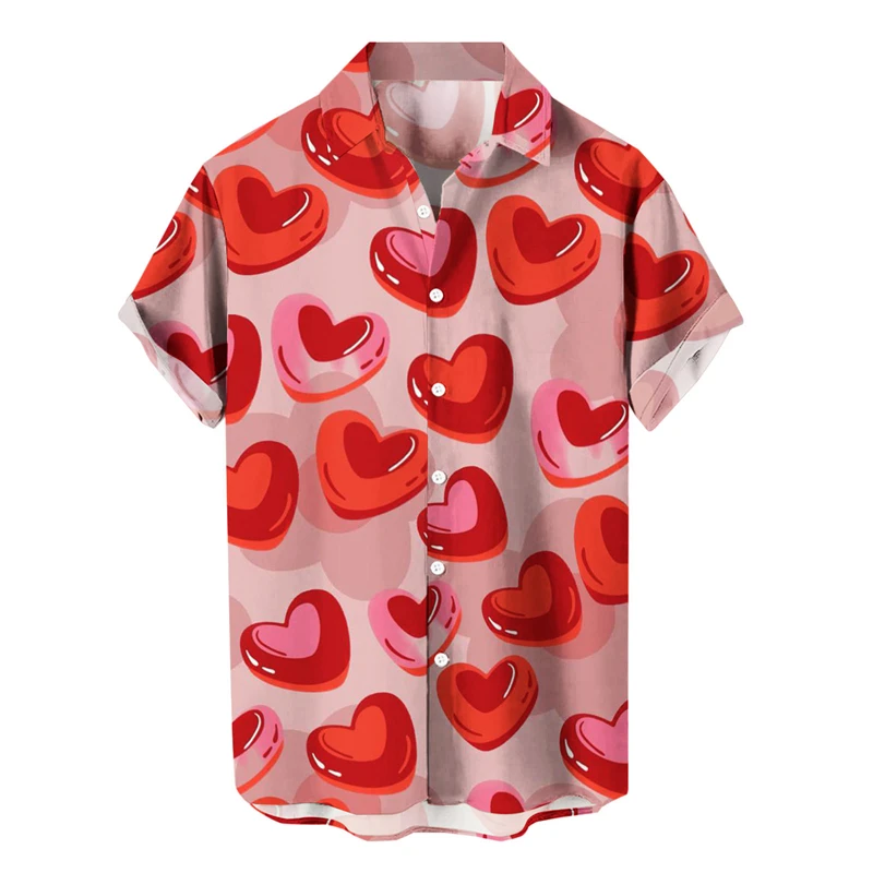 Camisa informal con estampado 3D de amor para hombre, Top de manga corta con solapa de Estilo Hawaiano, ropa de playa transpirable