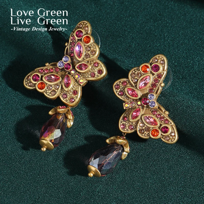 

Vintage Large Butterfly Earrings Crystal Drop For Woman Gold Color Colorful Rhinestone Inlays Luxury Quality Jewelry Charm Drop