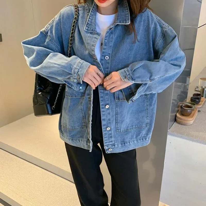 Abbigliamento popolare coreano Giacca di jeans a maniche lunghe per donna Capispalla blu 2025 Modelli Harajuku originale Nuovo in cappotto da cowboy Donna