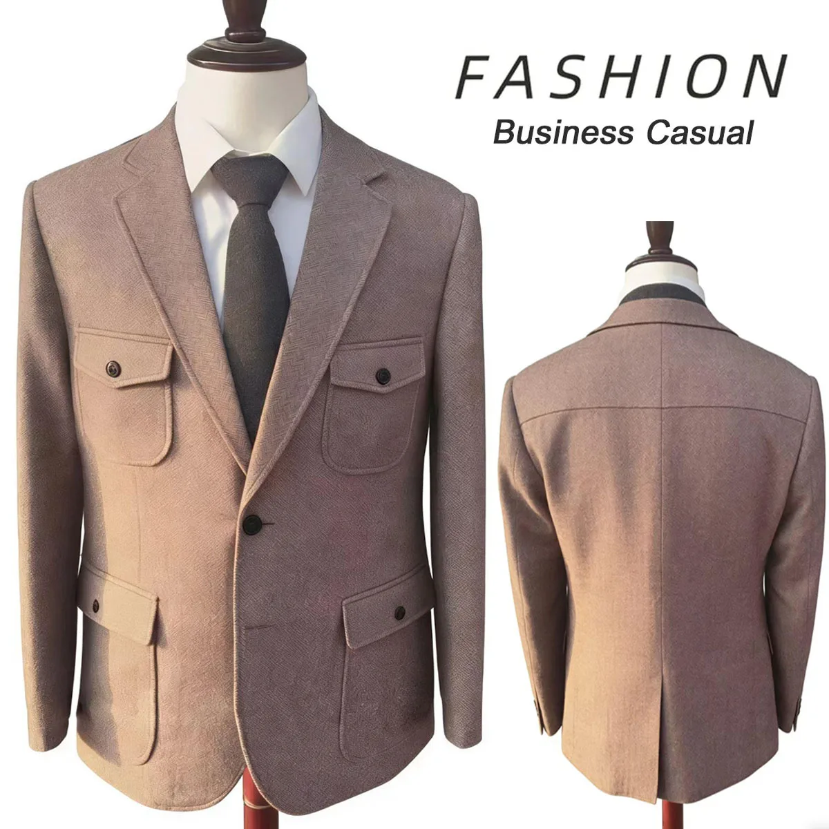

Retro Herringbone Men's Blazer Wool Blend Hunting Style Suit Jacket Vintage Multi pocket Casual Business Mens Sport Coat