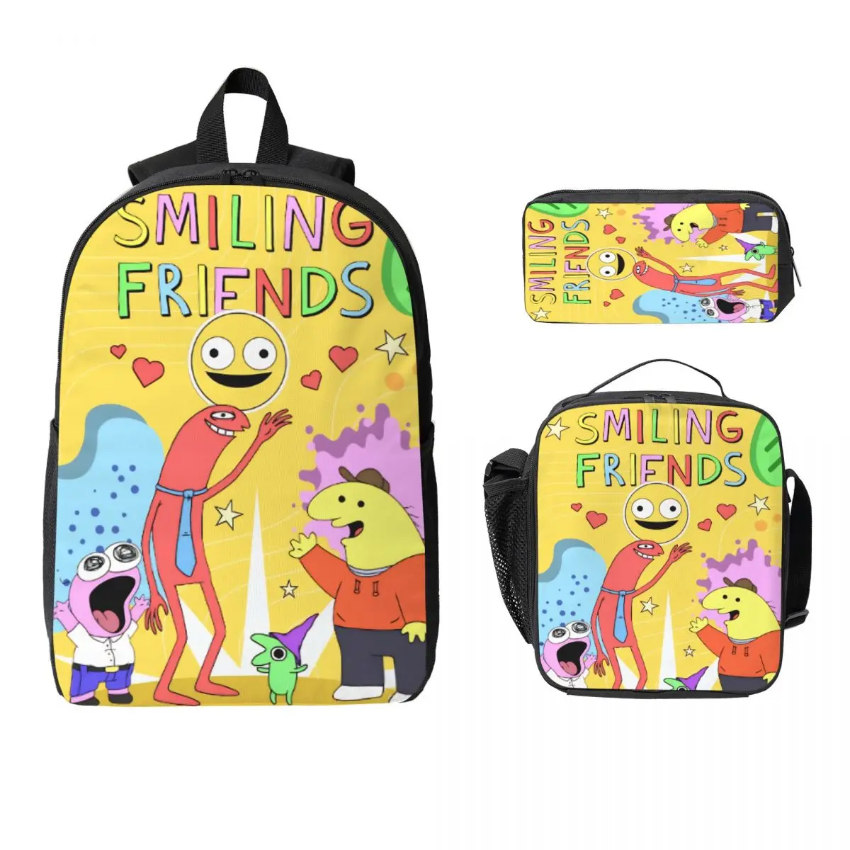 3Pcs Smiling Friends Pim And Charlie Backpack Set for Boy Girl Pen Bags Bookbag Sets with Lunch Box For School Students Knapsack