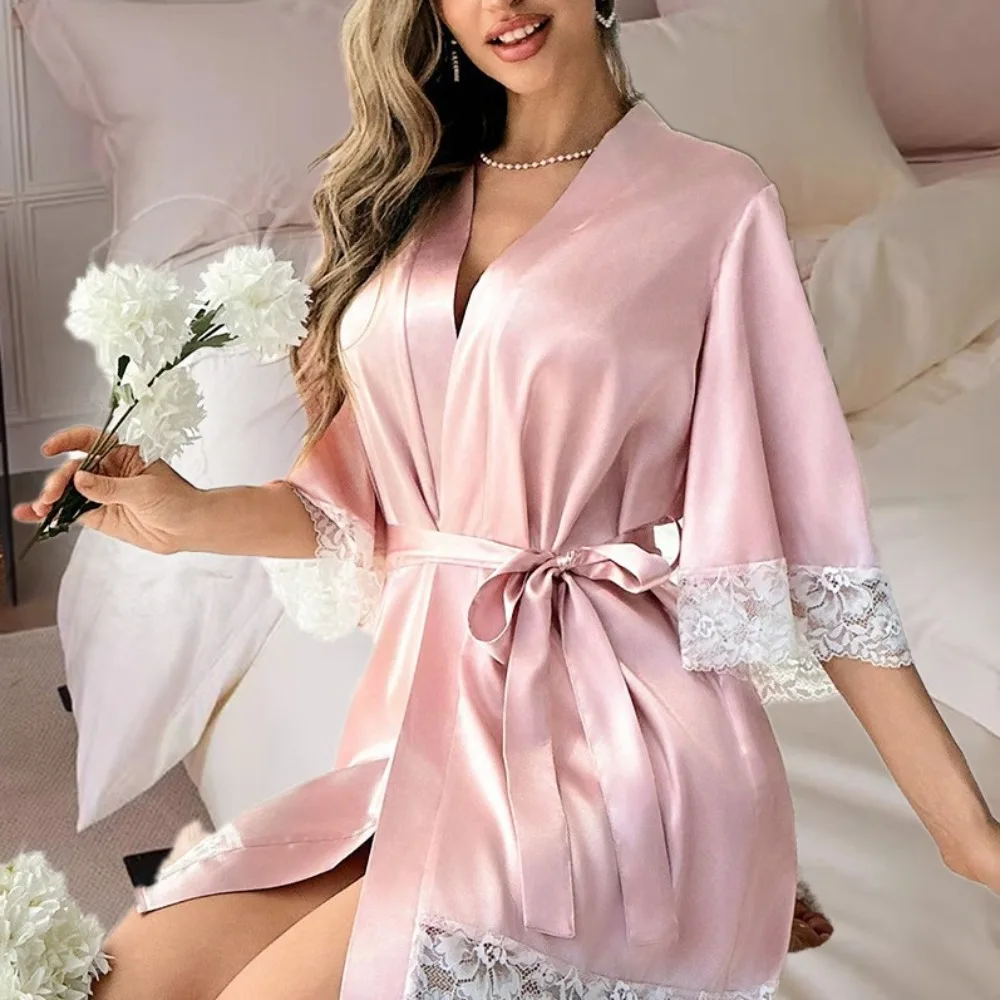 

Домашняя летняя пижама большого размера из ледяного шелка, короткий кружевной кружевной халат, женская домашняя одежда, халат, костюм, спальное платье