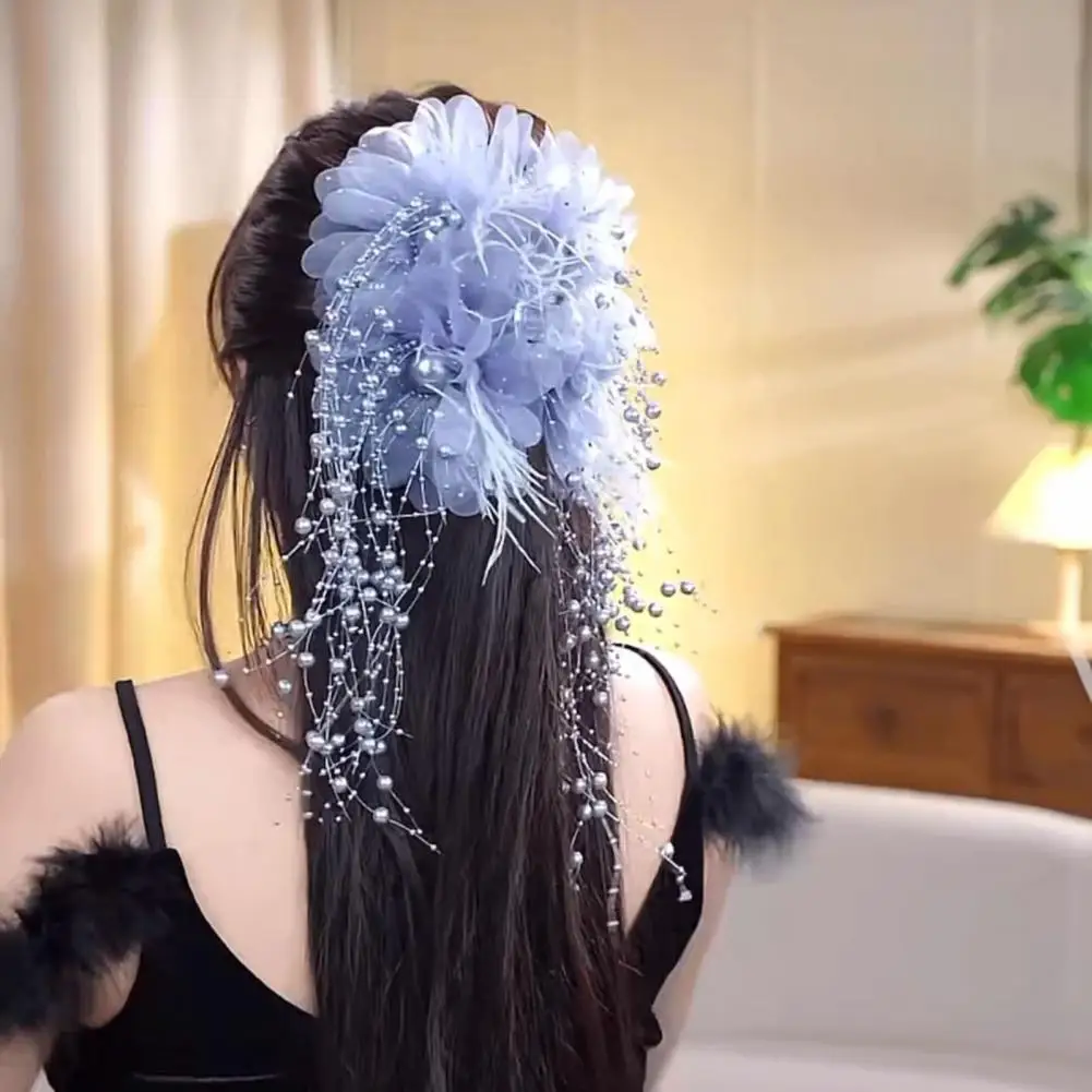 Коготь для волос, перо, сетка, пряжа, цветочный декор, заколка для волос с кисточкой из искусственного жемчуга, заколка для волос на затылке, аксессуар для волос, заколка для волос Закладка