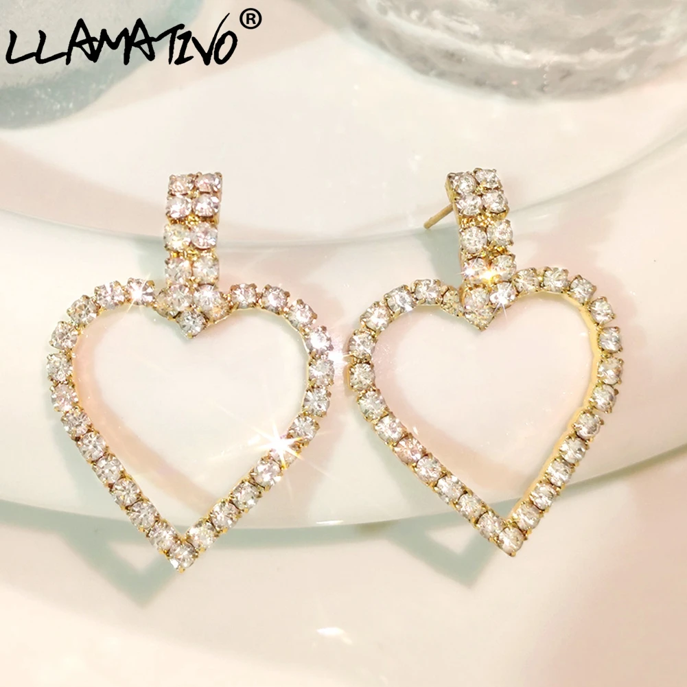 

New Fashion Hollow Heart Luxury Crystal Stud Earrings For Women Shiny Geometric Rhinestones Heart Earring Statement Jewelry Gift