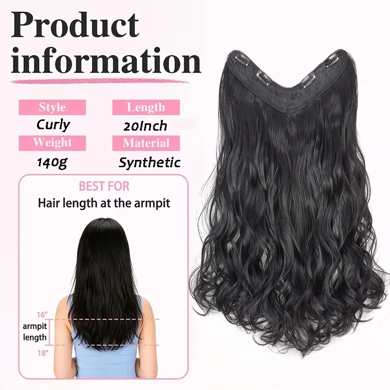 20Inch Synthetic Long Curly Clip In Hair Extensions V-Shape One Piece Wavy Hair Pieces for Women Easy Install for Daily Party