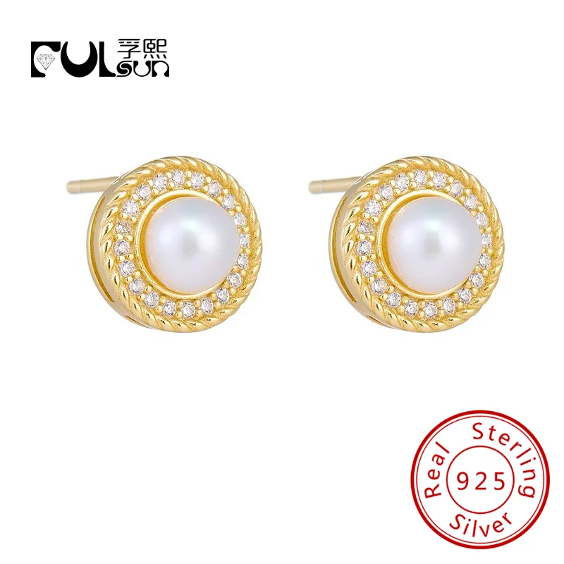 FULSUN Vintage zircon round mother-of-pearl bread-shaped stud ears 925 sterling silver 14K gold-plated Fine Jewellery women