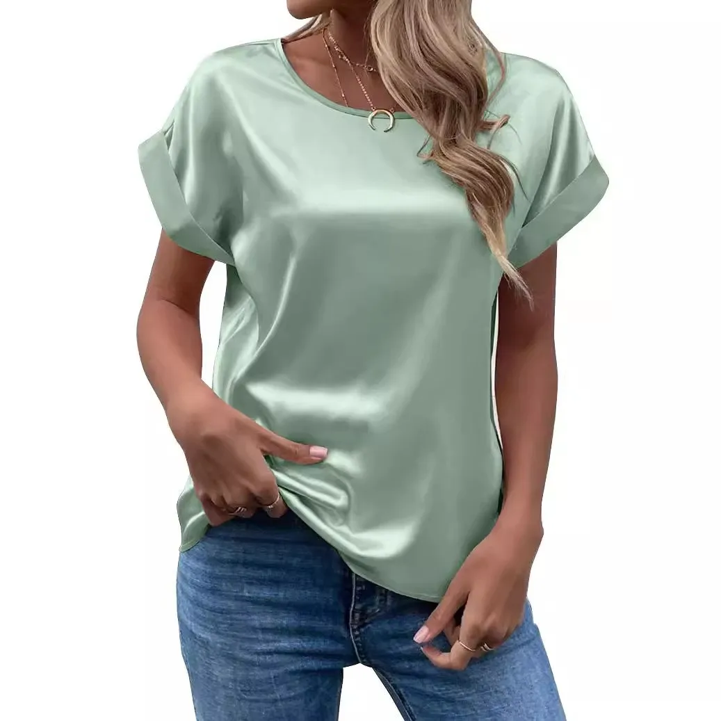 Women's T Shirts Round Neck Short Sleeve Solid Color Chiffon T Shirt Elegant Straight Fit Pullover Wrinkle Free Color Blocking