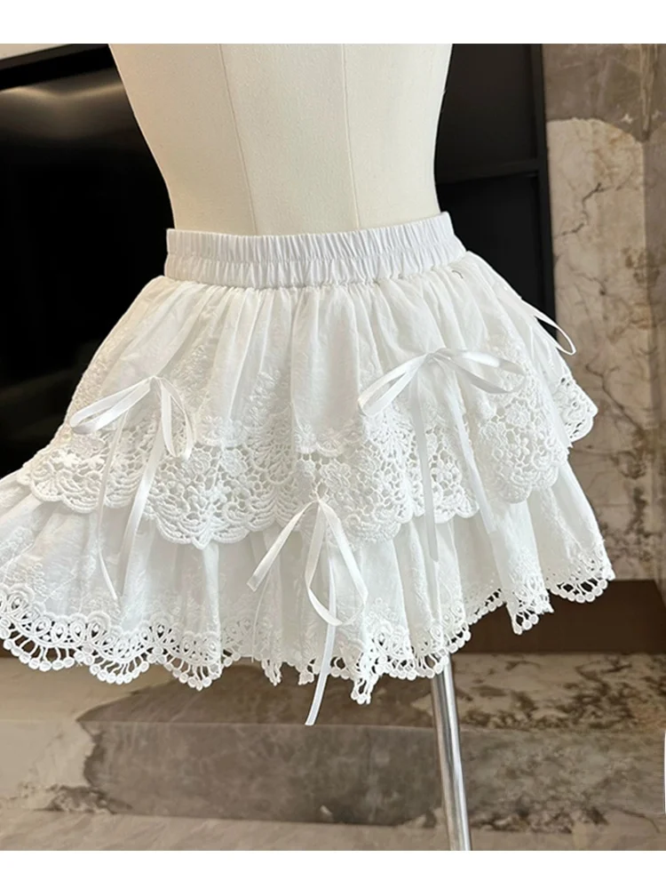 White High Waist A-Line Short Skirt with  Knot Princess Style Half-length Cake Skirt for Women Korean Version Commute