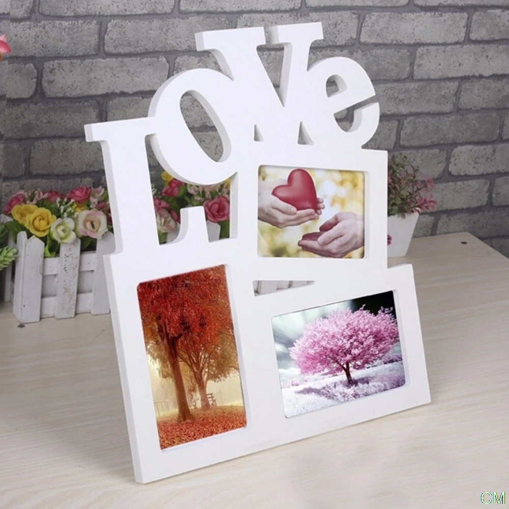 Gran oferta DIY encantador hueco amor madera foto familiar marco Rahmen Base blanca arte decoración del hogar