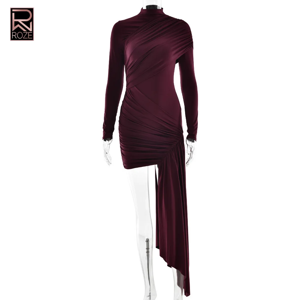 Sukienka bodycon w jednolitym kolorze - okrągły dekolt, marszczona, długi rękaw, z wiązaniem.