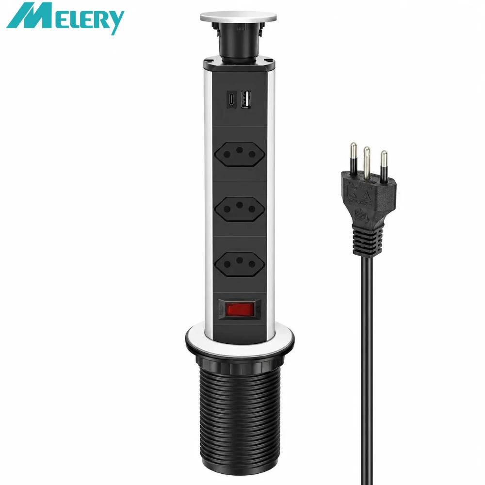 Melery Brazil Power Strip Pop Up Brazilian Plug Desktop Socket Electric Outlets Home Office USB Type-C Charger Extenstion Cord