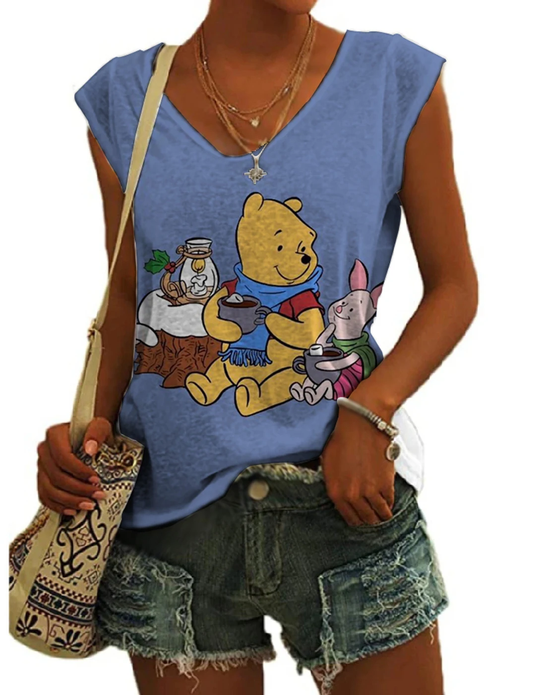 Winnie the Pooh Anime Summer New Street Sleeveless V-neck Vest Disney Print Fashion Versatile Casual Ladies Slim Top Y2K