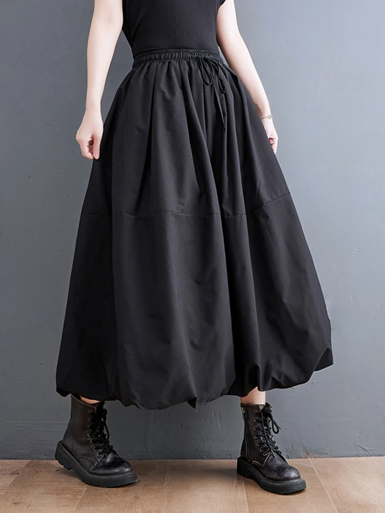 Black Vintage High Waist Pleated Skirt Women Fashion Plus Size Drawstring Loose Casual Long Skirts Clothing Spring Autumn 2024