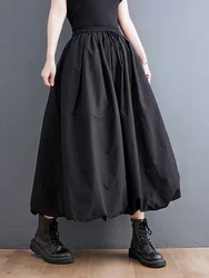 Black Vintage High Waist Pleated Skirt Women Fashion Plus Size Drawstring Loose Casual Long Skirts Clothing Spring Autumn 2025