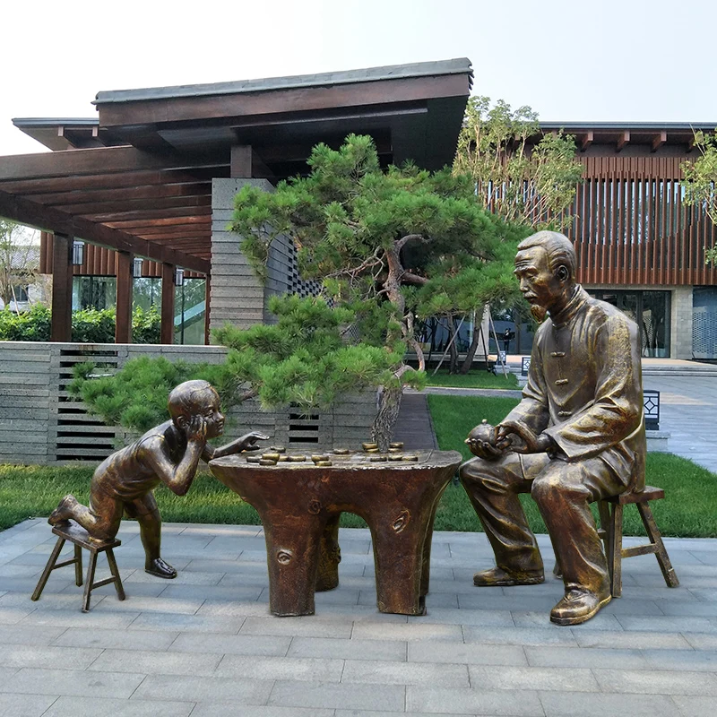 Outdoor bronze-like figure sculpture, rural market, cultural and commercial street, Meichen playing chess, FRP decorations