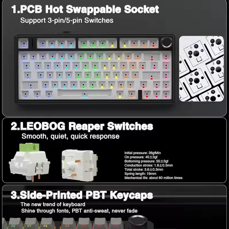 لوحة مفاتيح ميكانيكية للألعاب AULA F75 RGB 75% تخطيط جانبي نقش مخصص حشية مثبتة 80 مفتاح PBT أغطية مفاتيح لوحة مفاتيح لاسلكية