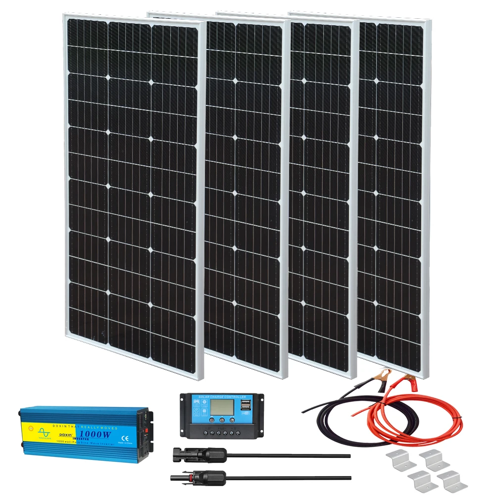 

400W solar panel system kit complete camping power with 12V OR 24V To 110V 220V 1000w inverter Charger Lithium/Lead Acid battery