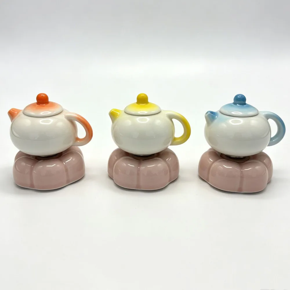 Cute Mini Teapot Ceramic Spinning Ornament, Desktop Fidget Decor, Stress Relief Tabletop Figurine, Home Office Decor Gift