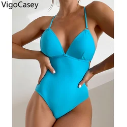 VigCasey 2024 Solid Strapped Swimwear Women Sexy Push Up High Cut One Piece Swimsuit Monokini Backless Cross Hollow Bathing Suit