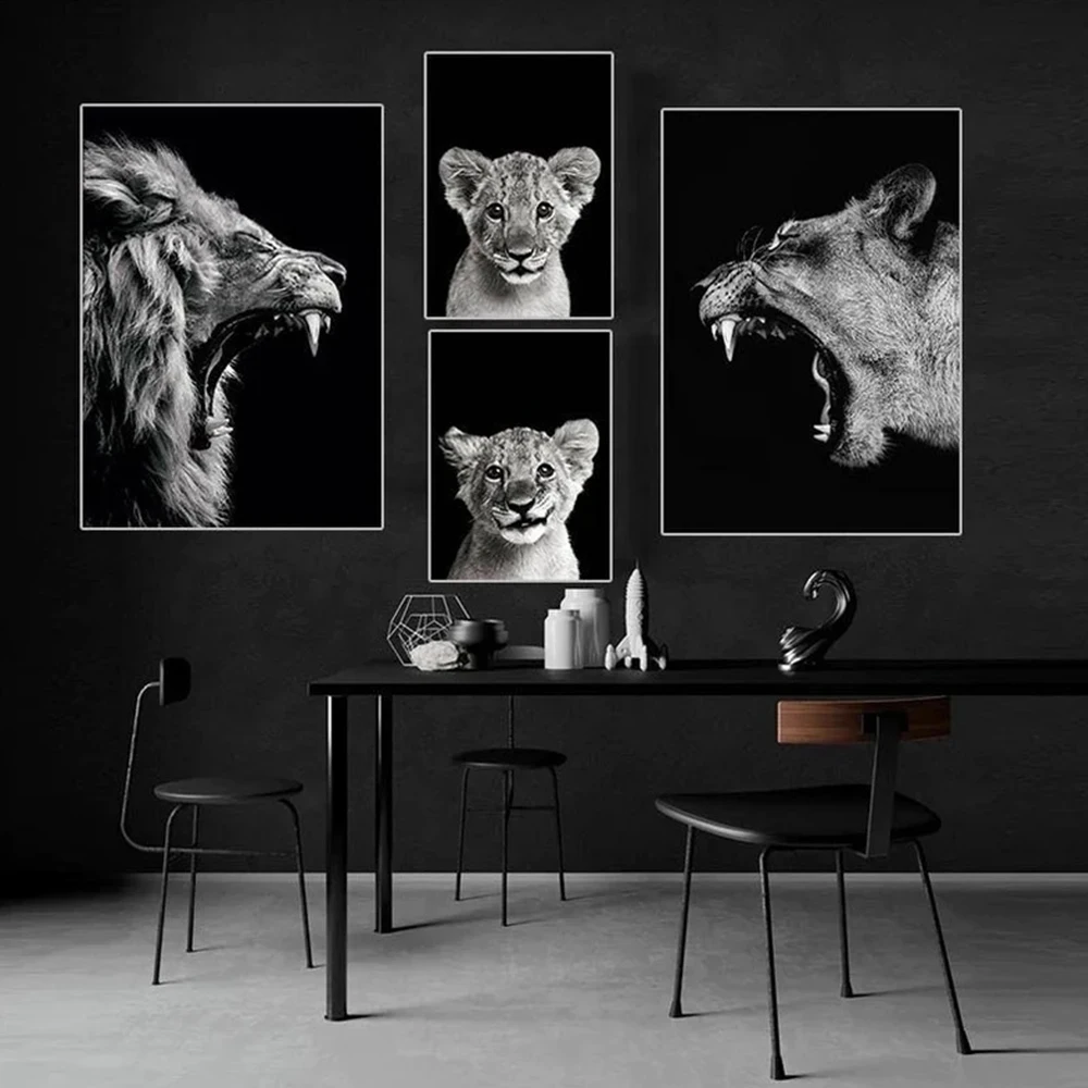 Lion Queen King Poster Black Roaring Wild Animals Family Canvas Painting Prints Wall Art Pictures Living Room Home Decor Cuadros