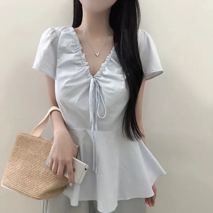 Korean Style Chic Summer Vintage Pleated Drawstring V-Neck Short Sleeve Shirt Waist Cinching Slimming Trendy Top for Women