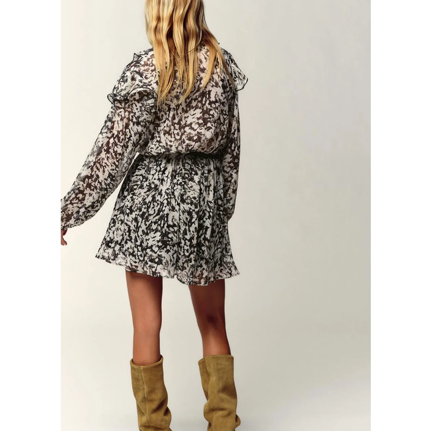 Outono feminino v-ne longo sve impresso dr com cinto em camadas decoração europeu sle fibra de poliéster saia linha a