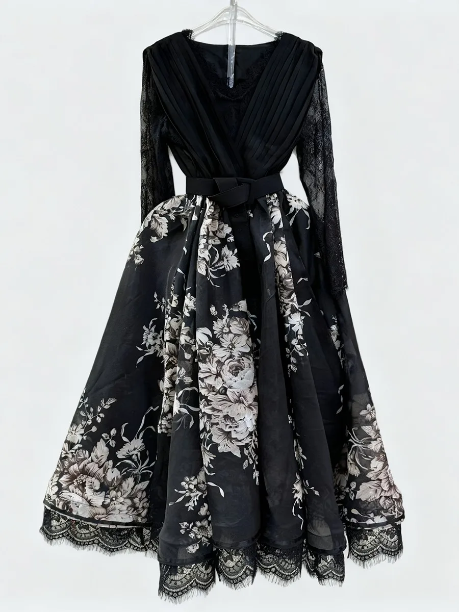 TWOTWINSTYLE 프린팅 시어 스플라이스 레이스 빈티지 드레스 여성용 브이넥 긴팔 하이웨이스트 패치워크 셔링 드레스