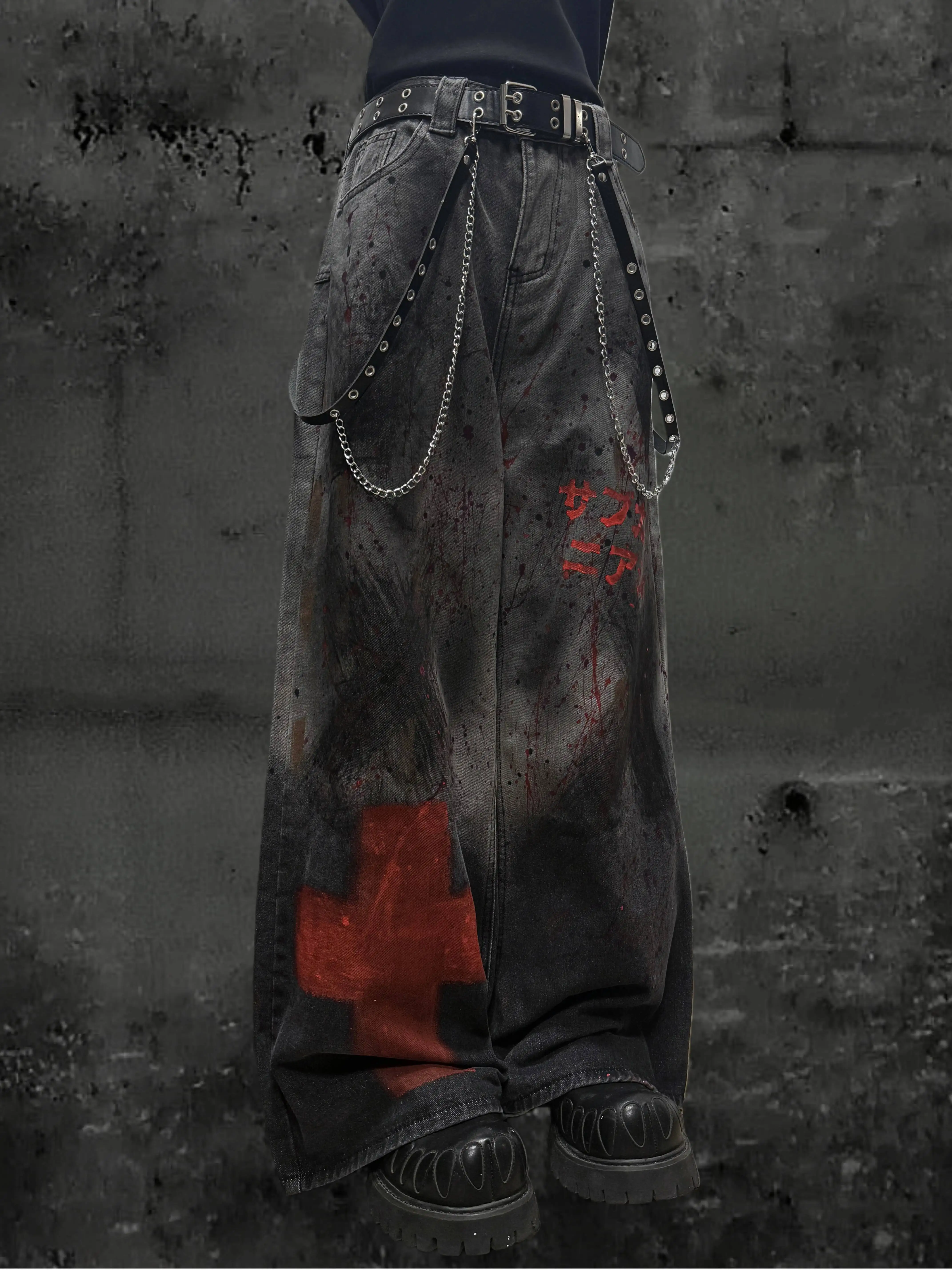 

Gothic Punk Unisex Jeans 2025 Autumn Unisex Jeans Wasteland Y2K Aesthetic Hand Painted Distressed Washed Denim Wide Leg Pants