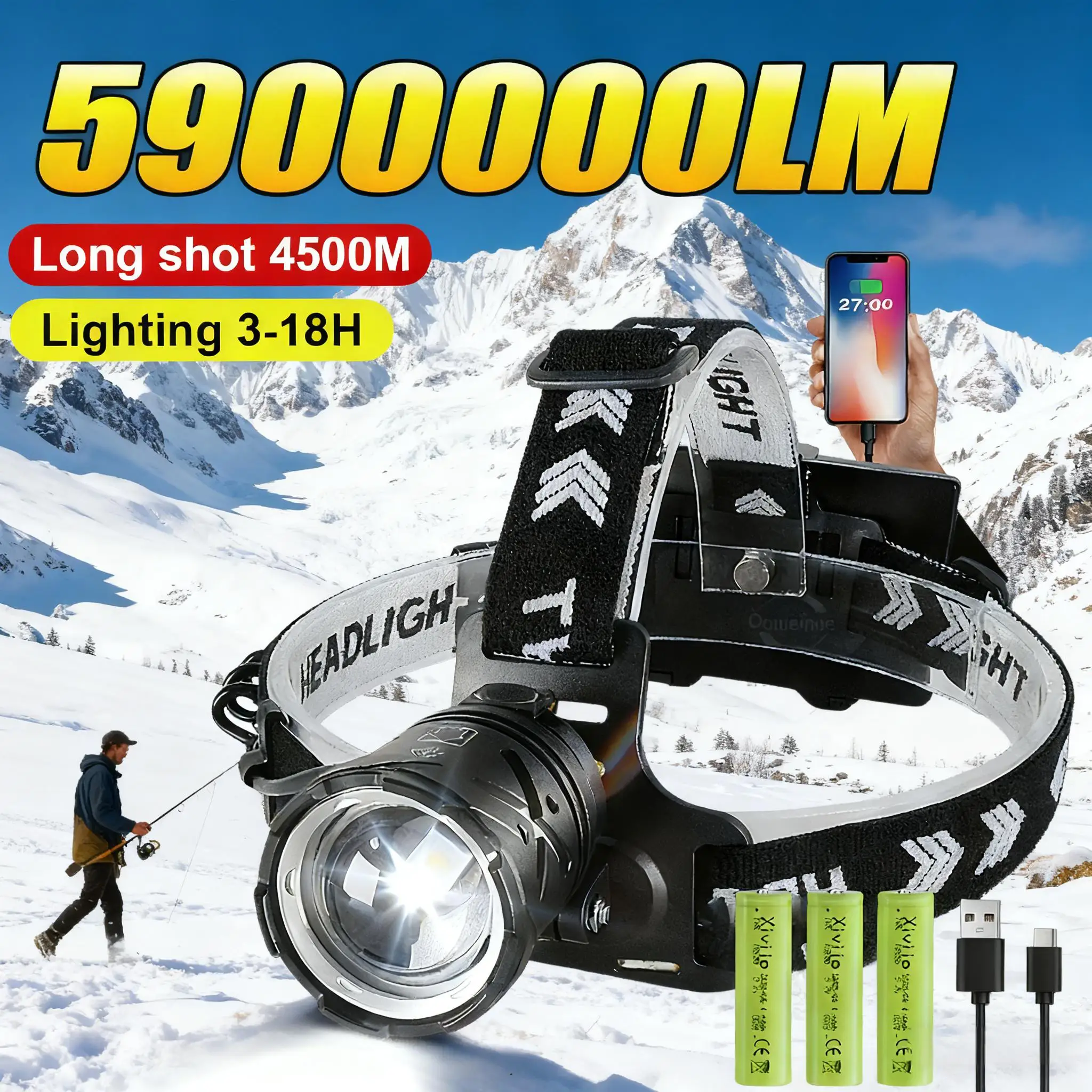 

5900000LM Сверхмощный светодиодный налобный фонарь Перезаряжаемый сверхяркий налобный фонарь 18650 Дальний свет 4500M Рыбалка Кемпинг Налобный фонарь Передний светодиодный фонарь Головной фонарь