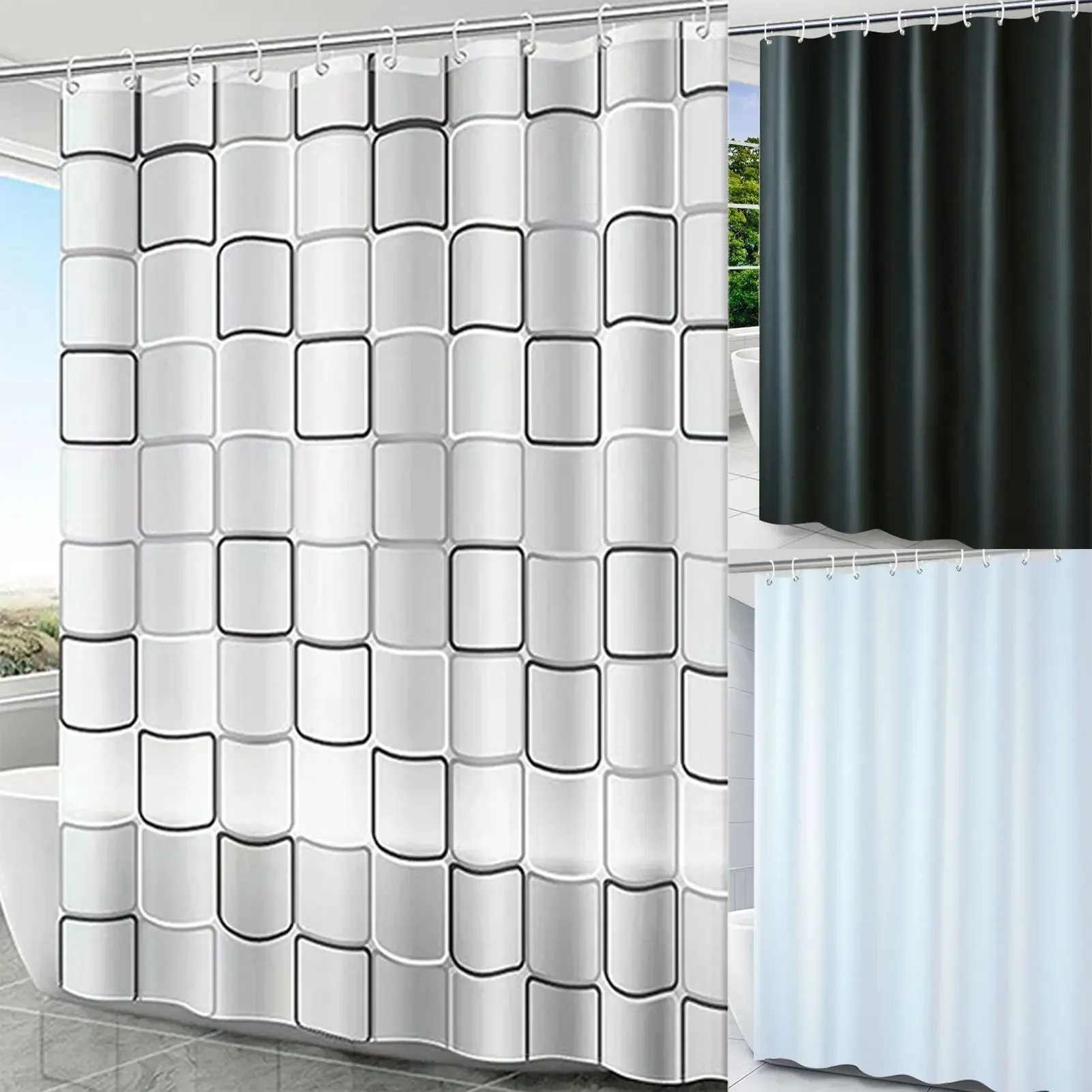 PEVA Waterproof Shower Curtain,Modern Bathroom Partition Curtain with Hooks,Geometric Plaid Pattern/Single Color Bath Curtains